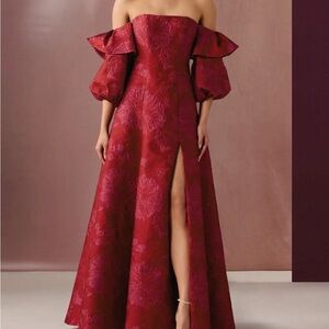 Azazie Atelier Off-Shoulder Burgundy Floral Jacquard Evening Gown